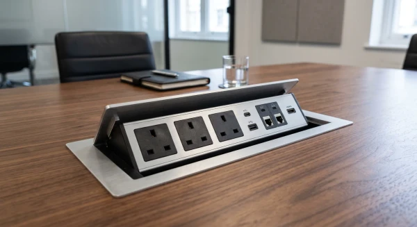 Desktop power and data module with sockets and USB ports