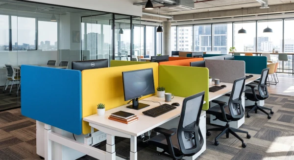 Desk-mounted screens dividing a bank of desks