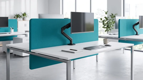Monitors on an adjustable arm above a clear desk