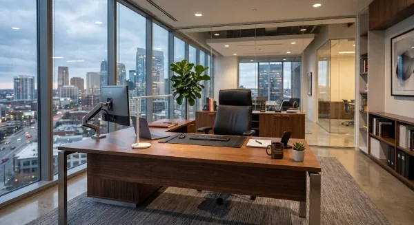 Walnut L-shaped executive desk in a corner office
