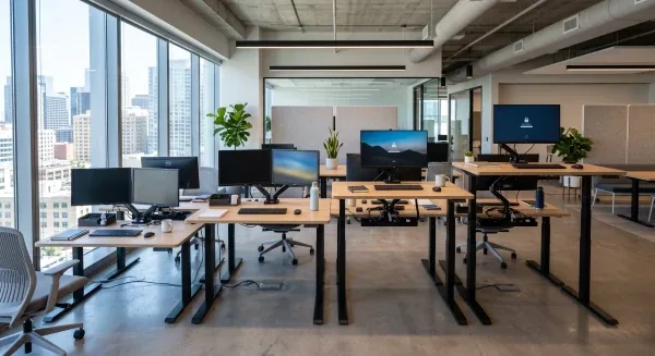 Cluster of black-framed height-adjustable sit-stand desks
