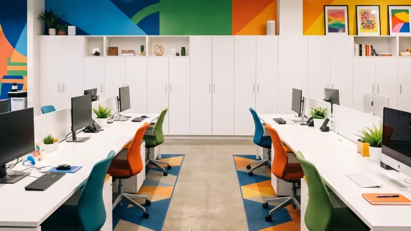 Height adjustable desks in a bright open plan office