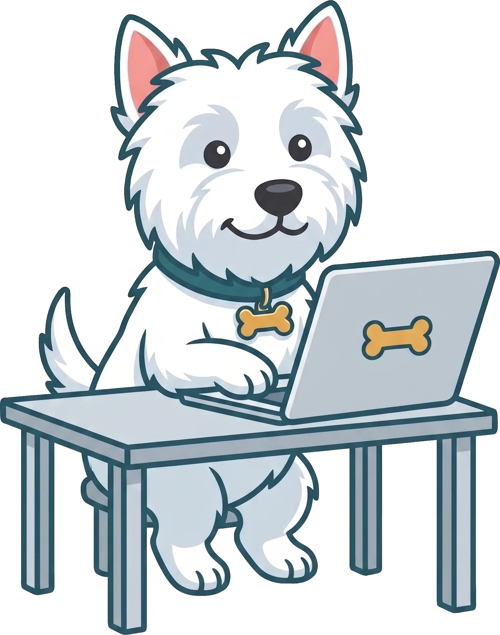 Oscar, Deskwell's Chief Morale Officer, at a desk with a laptop, dealing with the post