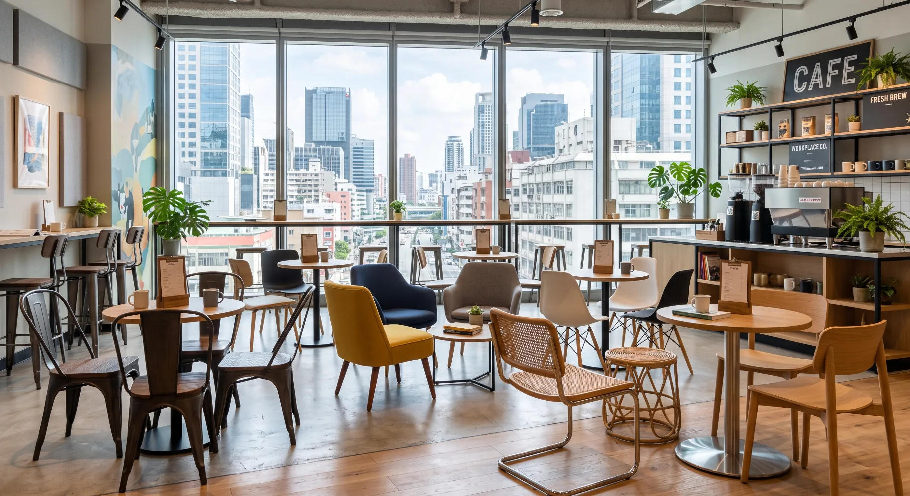 Café and bistro chairs in a bright social space