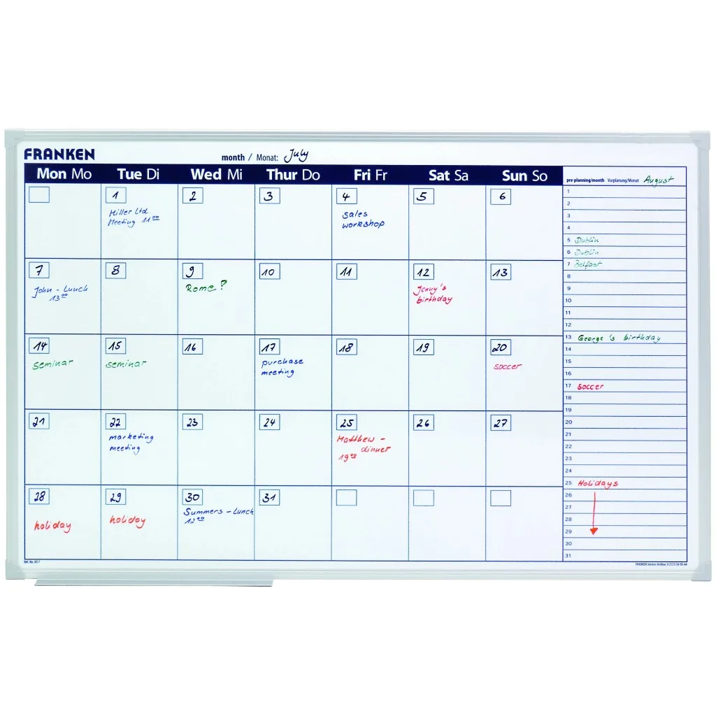 Franken monthly planner whiteboard filled with a July and August schedule