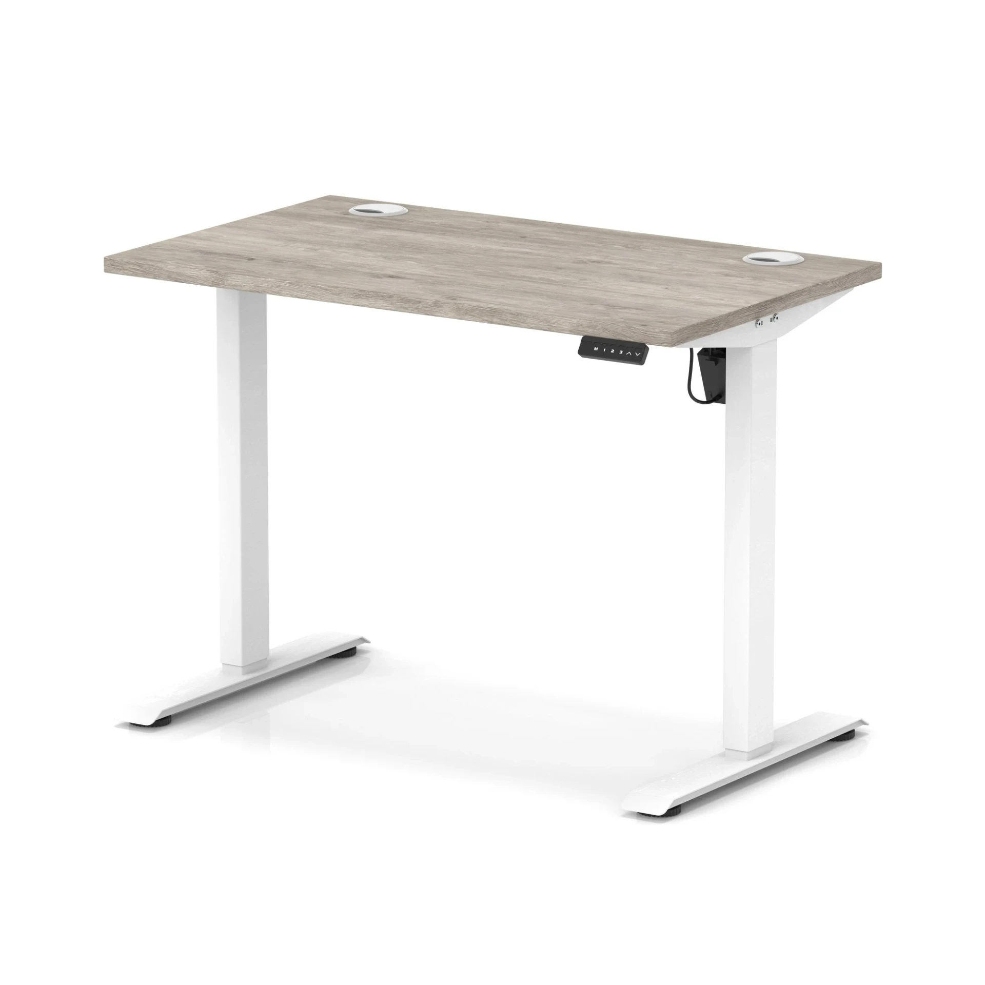 Air Lite Height Adjustable Desk With Cable Ports - 100cm / 60cm / Grey Oak / White