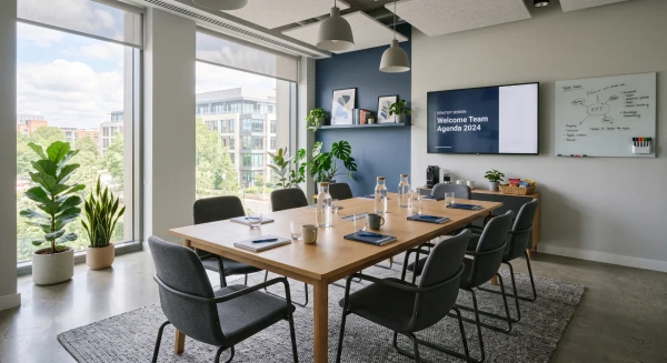 Large boardroom meeting table in a seated conference room