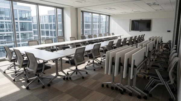 Flip-top folding tables, some nested and folded for storage