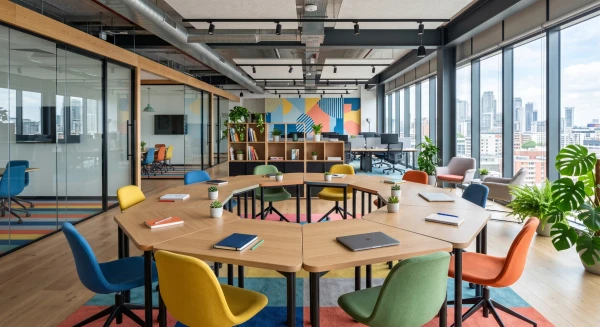 Rectangular training tables arranged in a flexible learning room
